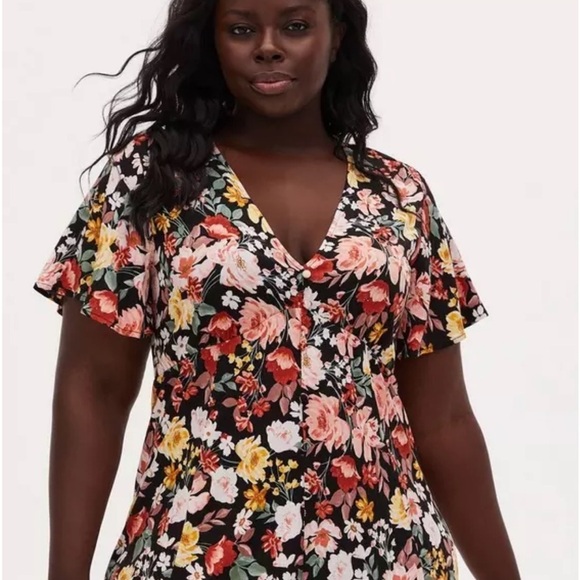 Torrid Black Floral Challis Button Front Midi Dress Size 10 Resortwear Vacation - Picture 2 of 13